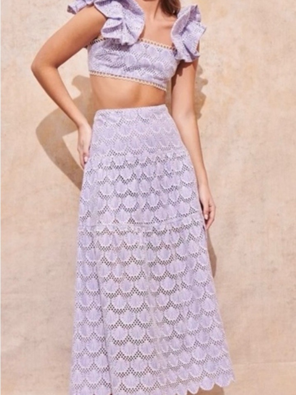 SAYLOR Lavender Haze Rogue Set Lace Ruffle Top and Midi Skirt